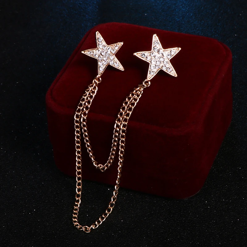 Moda Novi Kristalni Pentagram Star Tassel Mini Broška Pin za Obleko Srajco Ovratnik Zatiči in Broške Značko River Moški Dodatki
