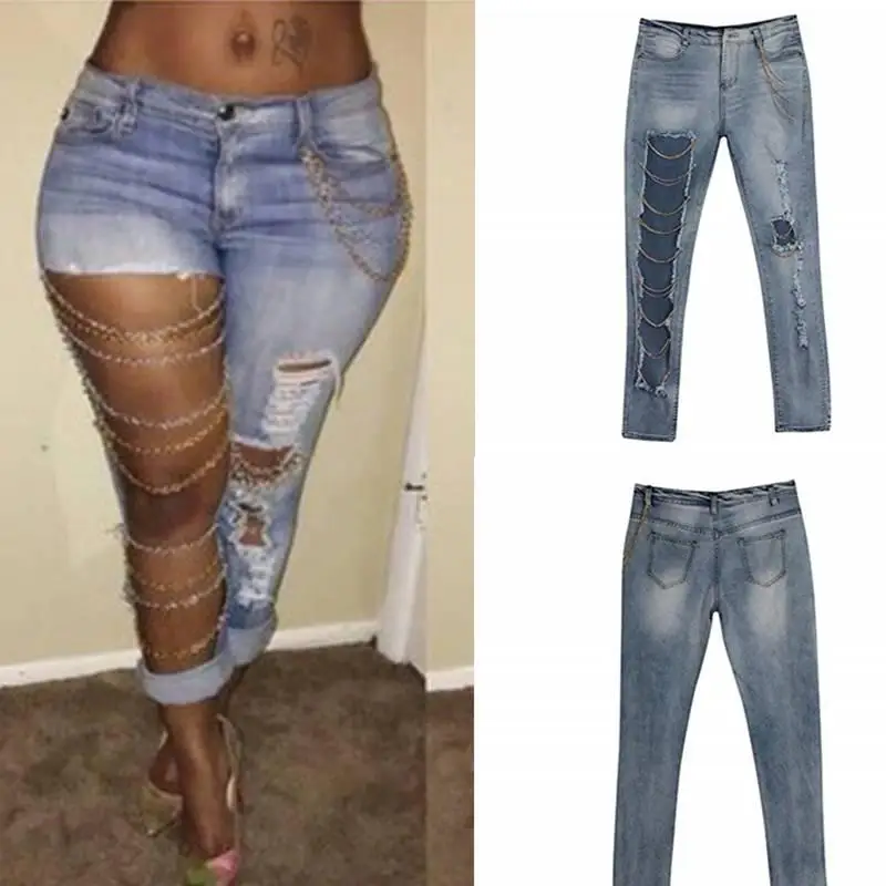 Jeans verige jeans hlače nizko pasu velike luknje uničeno stiski traper hlače ženske dolgo dnu