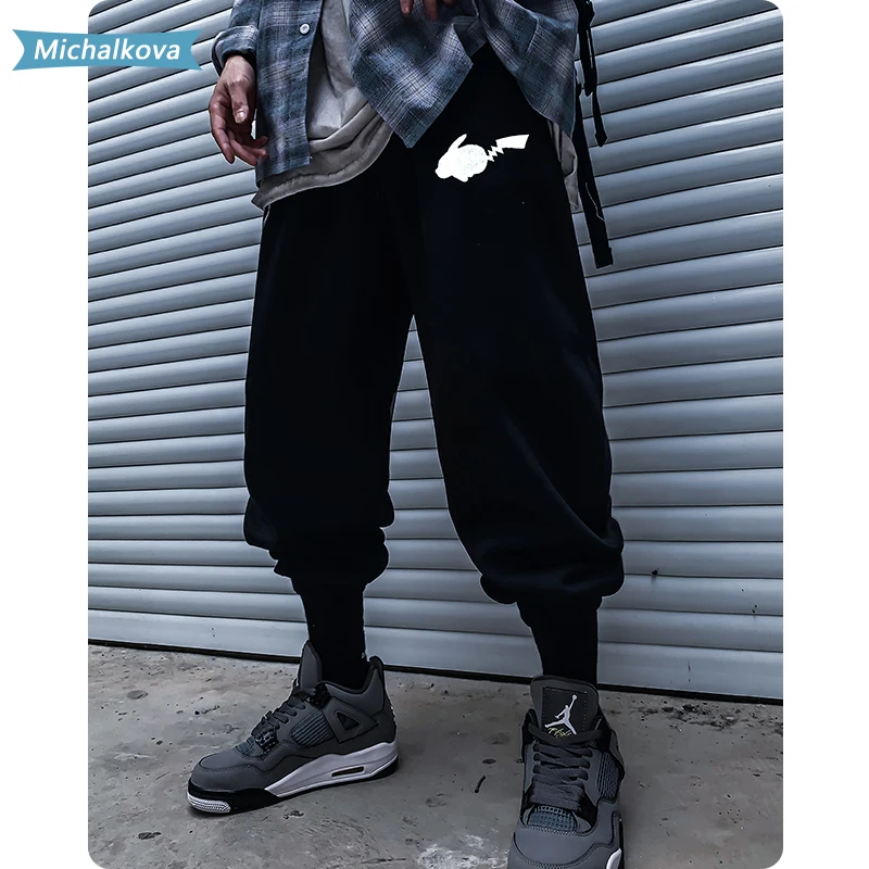 Moška oblačila Reflektivni sweatpants Jogger Elastična strip pasu tiskanja Harajuku Japonski Hip hop Simcoe Ulica michalkova