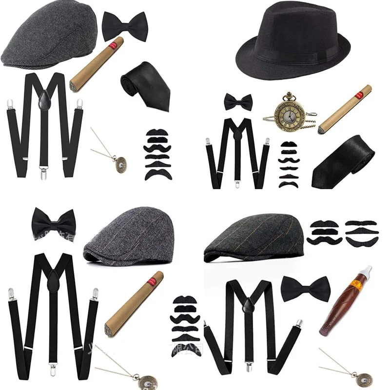 1920 20S Cosplay Gangster Set za Moške stranke, Rekviziti Berets Cigar suspender žepna ura Gatsby Kopalke Dodatki Set