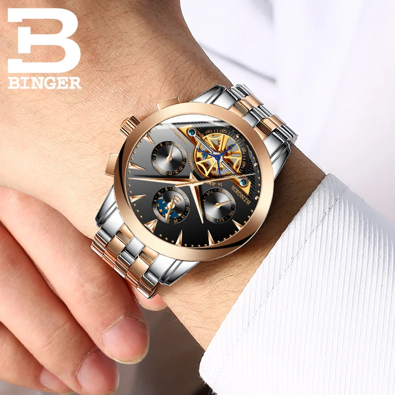 Resnično Razkošje Švica BINGER blagovne Znamke Moških Self-veter nepremočljiva polno jeklenih automatic mehanski moški modni Tourbillon watch