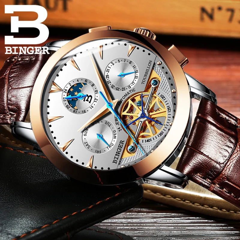 Resnično Razkošje Švica BINGER blagovne Znamke Moških Self-veter nepremočljiva polno jeklenih automatic mehanski moški modni Tourbillon watch