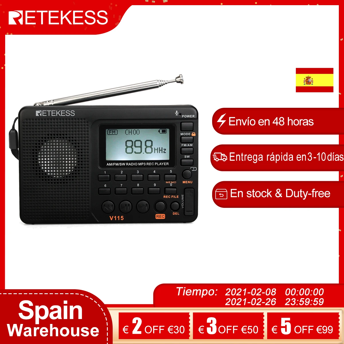 Retekess V115 FM/AM/SW Radijski Sprejemnik Prenosni MP3 Predvajalnik REC Diktafon Prenosni Radio S Sleep Timer TF Kartica