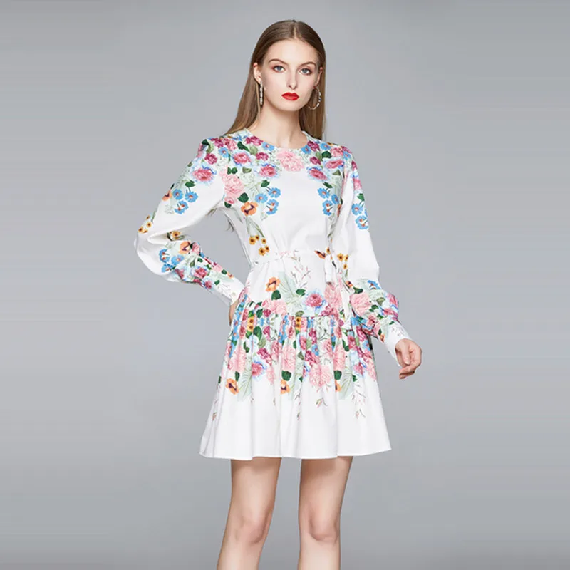 Tiskanje Nabrano Obleko Za Žensko Modo Žensk O-vratu Luč Rokav Mini Kratek Stranke Obleke 2020 Novo Jeseni