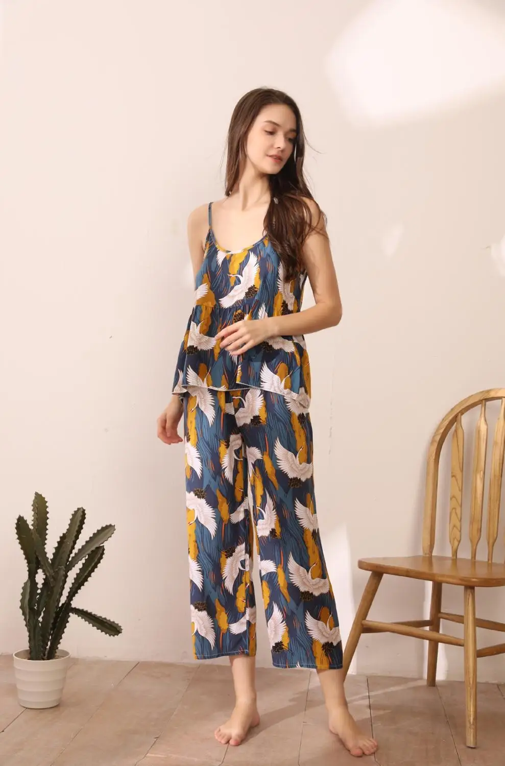 Poletje 2020 Nov ženski Cvet Natisnjeni Zanko Pižamo Nastavite Žensk Bombaž Preprost Stil Pižamo Velikosti Mehko Priložnostne Nositi Domov