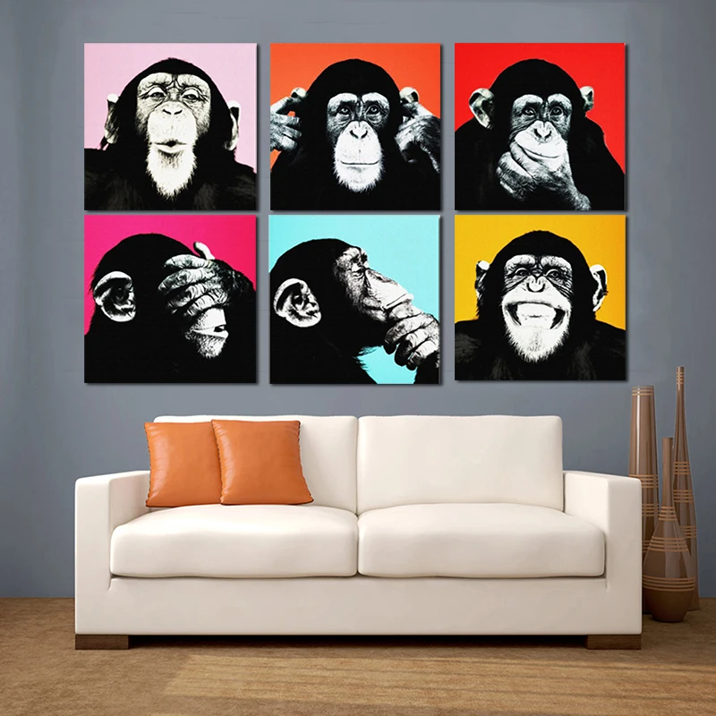 Šest Opice Gorilla oljna slika na platnu Andy Warhol Umetnine Wall art slike za Dnevni Sobi Doma Sodobno dekoracijo BREZ OKVIRJA