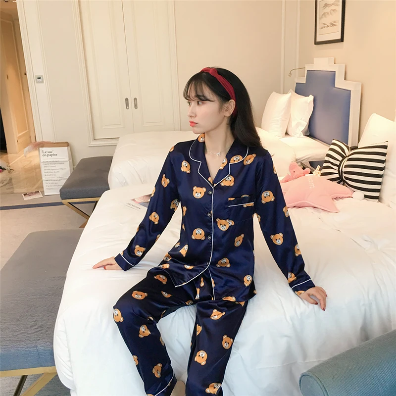 Caiyier Dolg Rokav Svileno Pižamo Nastavite Srčkan Nosi Tiskanja Sleepwear 2019 Novo Plus Velikost 5XL Pomlad Ženske Nightgown Priložnostne Doma Clother