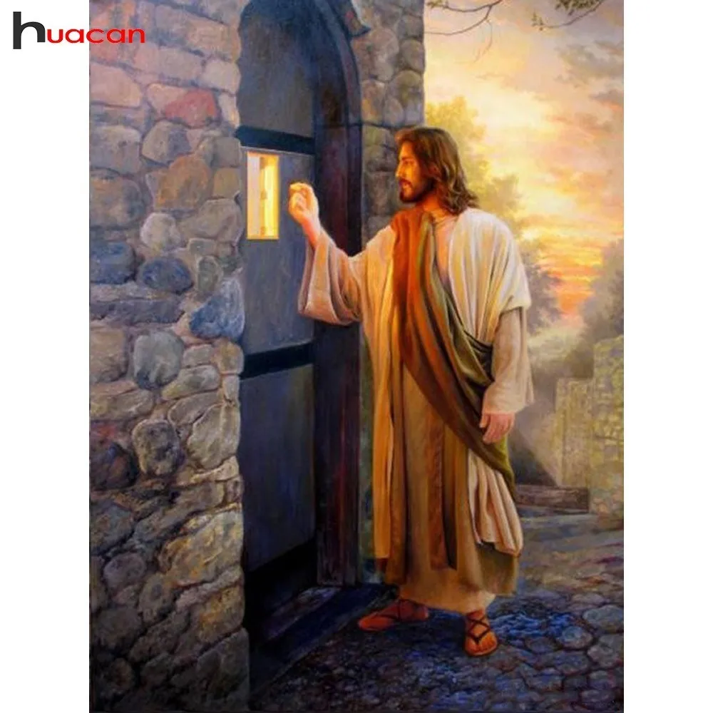 HUACAN Diamond Vezenje je Prišel Jezus Potrkala Vrata 5d Diy Diamond Slikarstvo Christian Serije Celoten Kvadratni Vaja Mozaik Slikarstvo