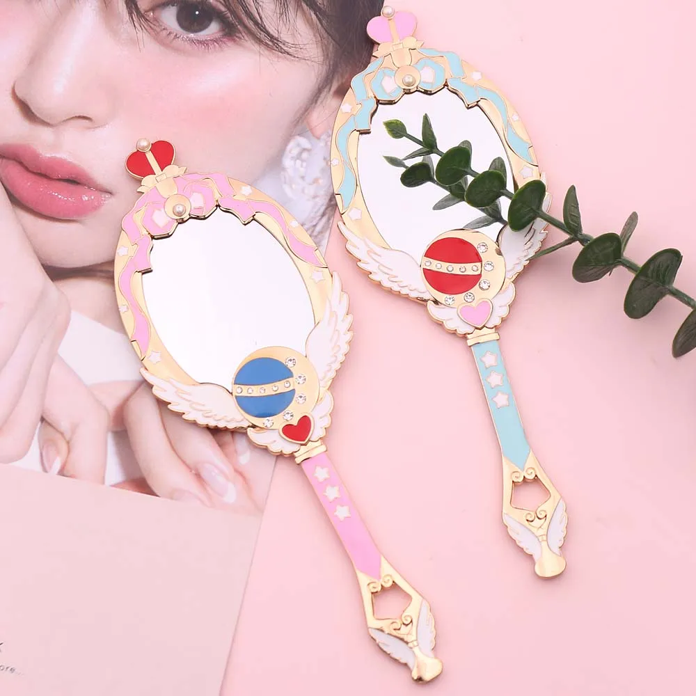 Sailor Moon Kovinski Ovalne Ročni Ličila Ogledalo Ženske Dekle Krono Ogledalo Kozmetični Salon Ličila Orodje Roza Modra Ogledalo S Kristali