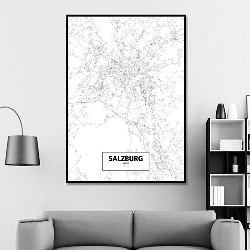 Salzburg Avstrija Črna Bela Meri Svetovni Zemljevid Mesta Plakat Platno, Tisk Skandinavski Slog Wall Art Dom Dekor