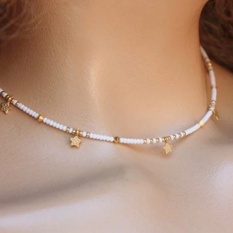 Lepe zlate barve, star ogrlico, obesek, ročno bele kroglice beaded choker nastavljiv nakit collana darilo za dekle moda