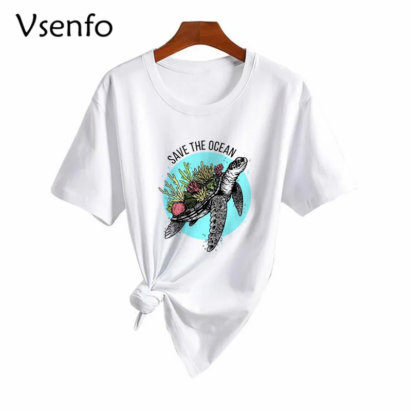 Shranite Ocean Želva Tiskanja Ženske Modni Tee Shirt Okoljevarstvenik Slog Kratek Rokav T Shirt Veganska T-shirt Dekle Boho Tee