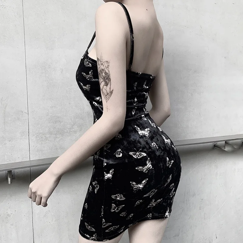 Harajuku Črna Obleka Ženske Gotike Špageti Trak Backless Off Ramenski Obleke Ženska Moda Priložnostne Tiskanja Seksi Obleko