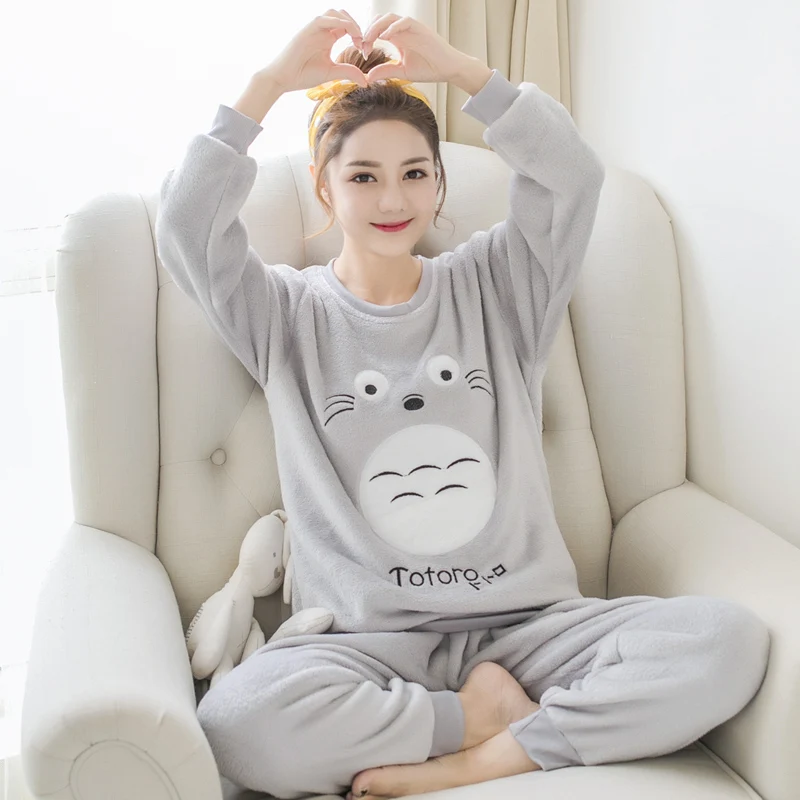 Debel Toplo Flanela Pajama Kompleti za Ženske do leta 2020 Pozimi Dolg Rokav Koralni Žamet Pyjama Girls Srčkan Risanka Totoro Homewear Oblačila