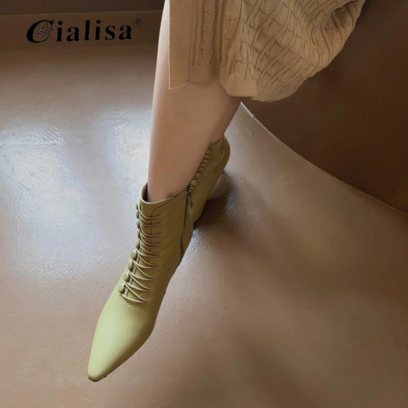 CIALISA Ženske Čevlje 2020 Nove Zimske Konicami Prstov Pravega Usnja Debele Pete Škornji Fashion Sexy Zadrgo Rumena Ženske Škornji