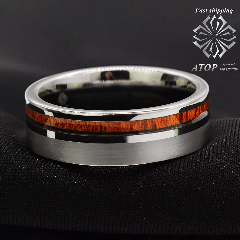 8 mm Srebro, Brušeno Volframov Karbid Obroč Off Center Koa Lesa Poročni prstan Prstan