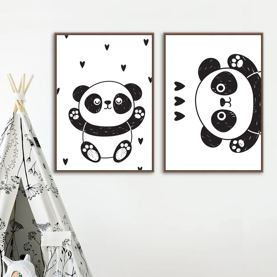 Lep Panda Wall Art Platno Slikarstvo Črno Bel Risanka Nordijska Plakatov In Fotografij Platno Sliko Otroke, Otroška Soba Spalnica Dekor