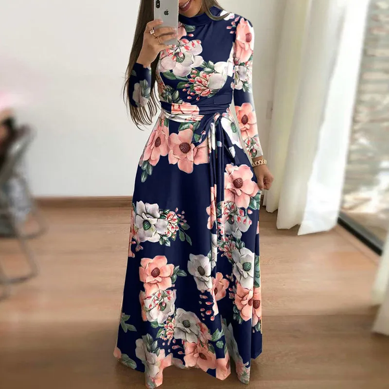 Moda Boho Visoko Vratu Pasu Tla Obleka Ženske 2020 Jeseni Kratke/Dolge Cvetlični Maixi Obleko Eleganten Stranka Obleke Plus Velikost Vestidos