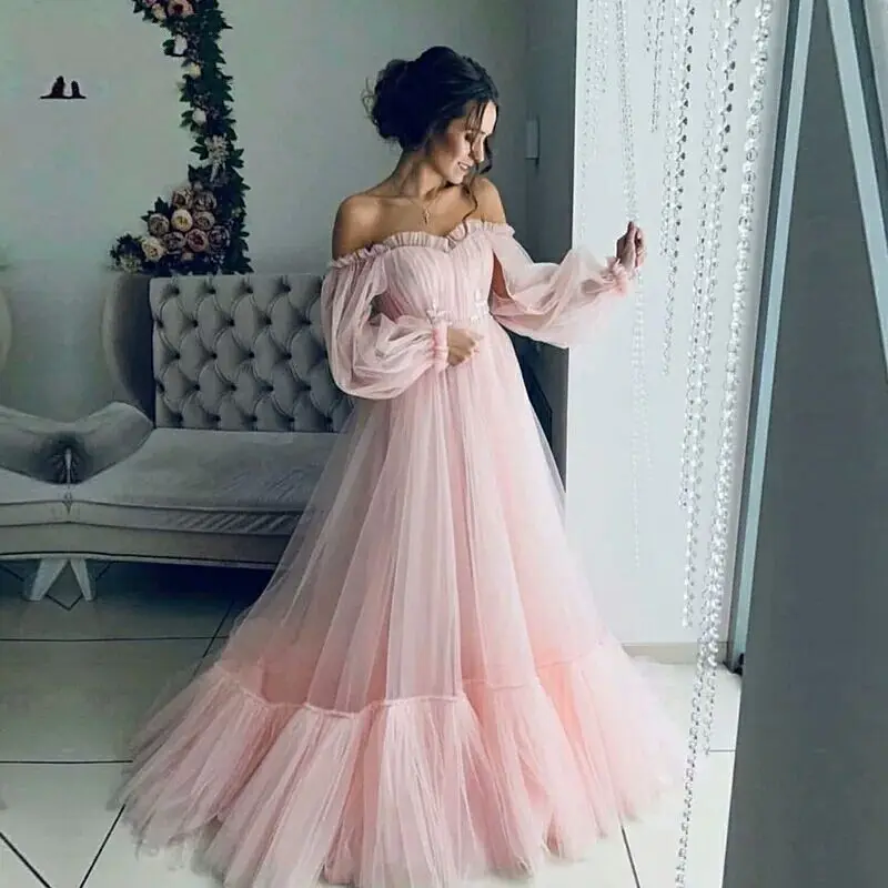 Nov prihod večerno Obleko Formalno vestido noiva sereia prom stranka haljo de soiree obleke, roza mehkega tila dolge rokave elegantno