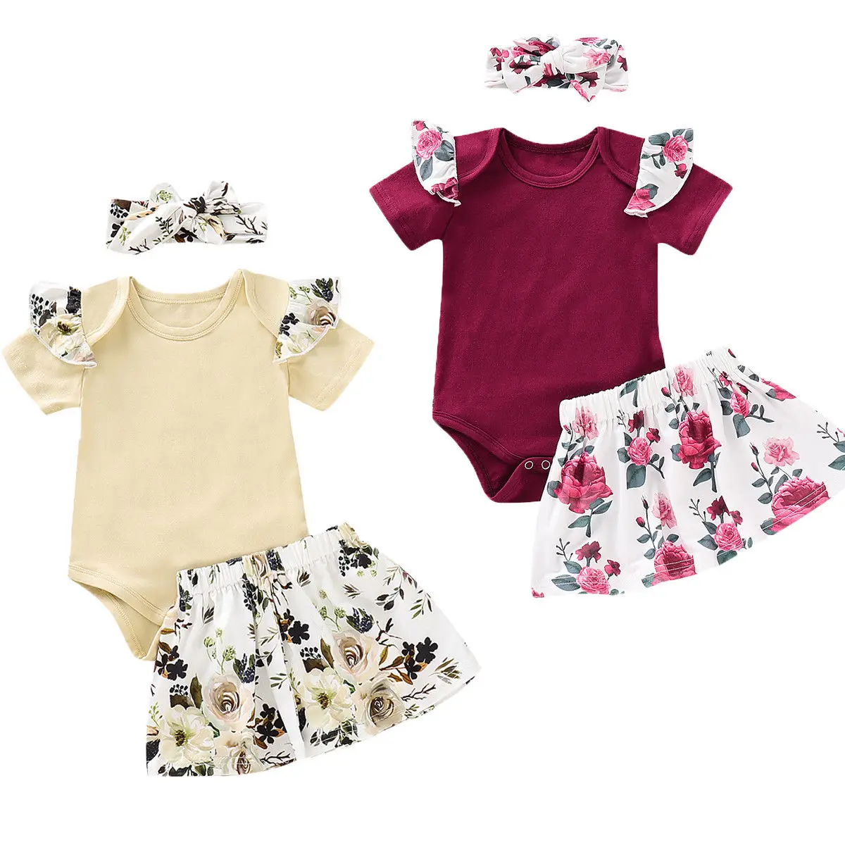 Novorojenega Dojenčka Baby Dekleta, Otroci Poletje Srčkan Obleke 3PCS Ruffles Sleeve Solid Romper Vrhovi+Cvetje Krila+Glavo