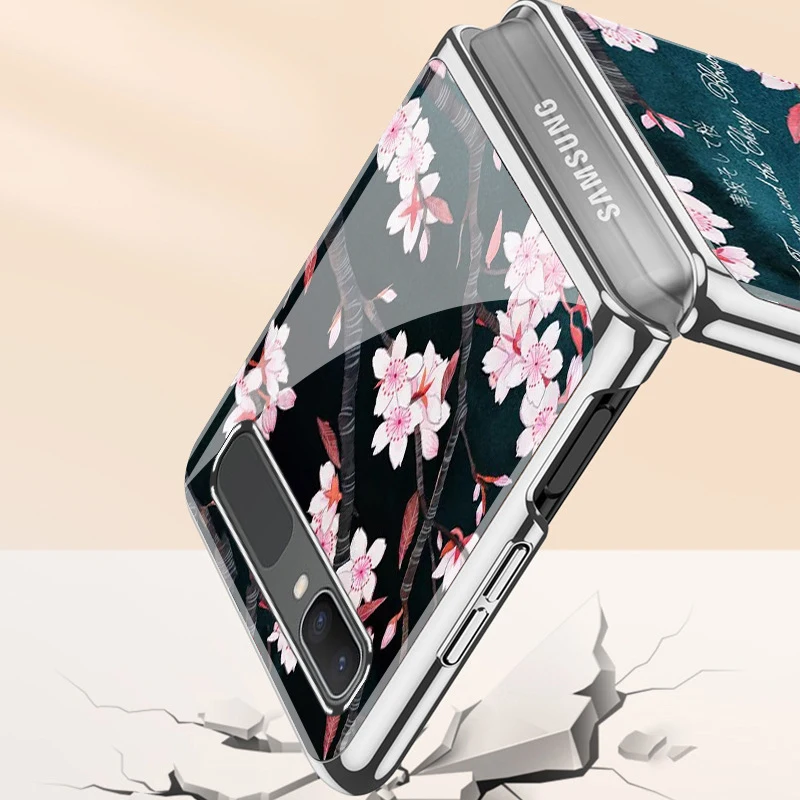 Z Flip Funda Ohišje za Samsung Galaxy Ž Flip F7000 Ž Krat 2 W21 Cunami Češnje Cvetovi, Kaljeno Steklo Telefon Primeru Zajema Z Fold2