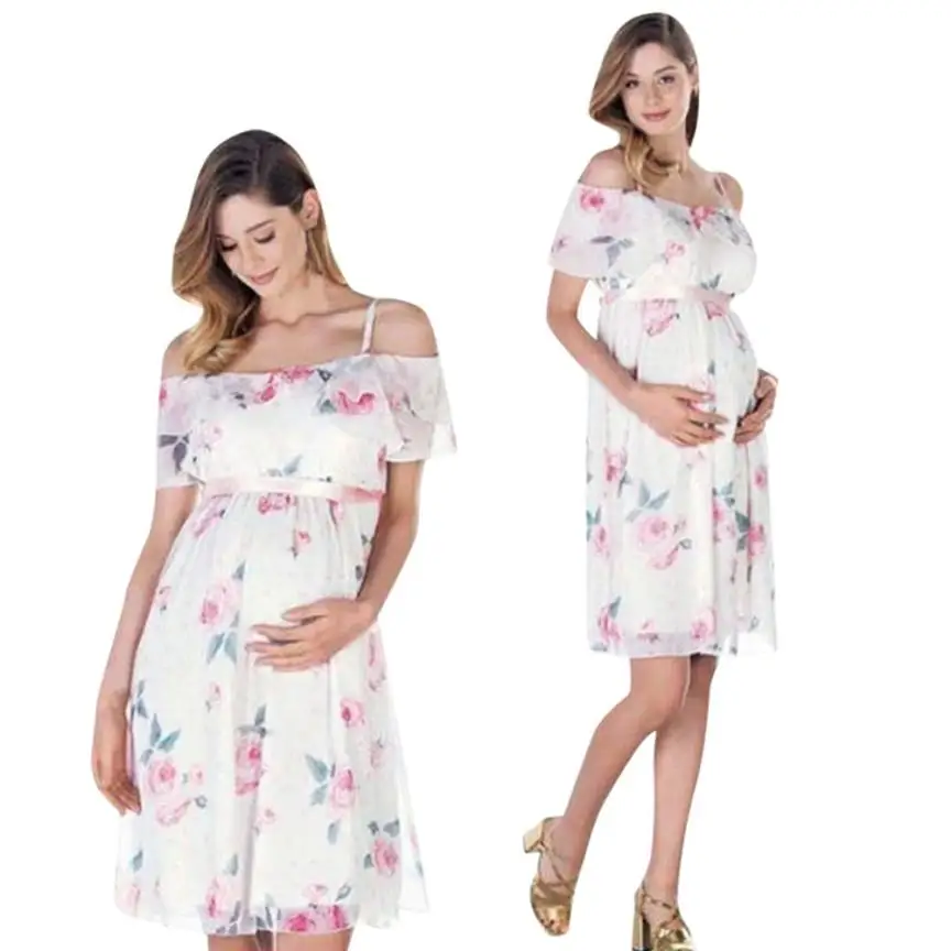 Porodniški oblačila porodniškega obleke nosečnosti obleko noseča obleko porodniškega obleko elegantno Cvetlični Falbala Noseča Off Rami