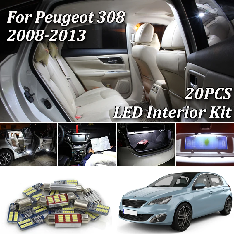 20Pcs Bela Canbus LED Avto Žarnice Notranjost Paket Komplet Za Obdobje 2008-2013 Peugeot 308 SW 16V BioFlex GTi HDi Dodatki
