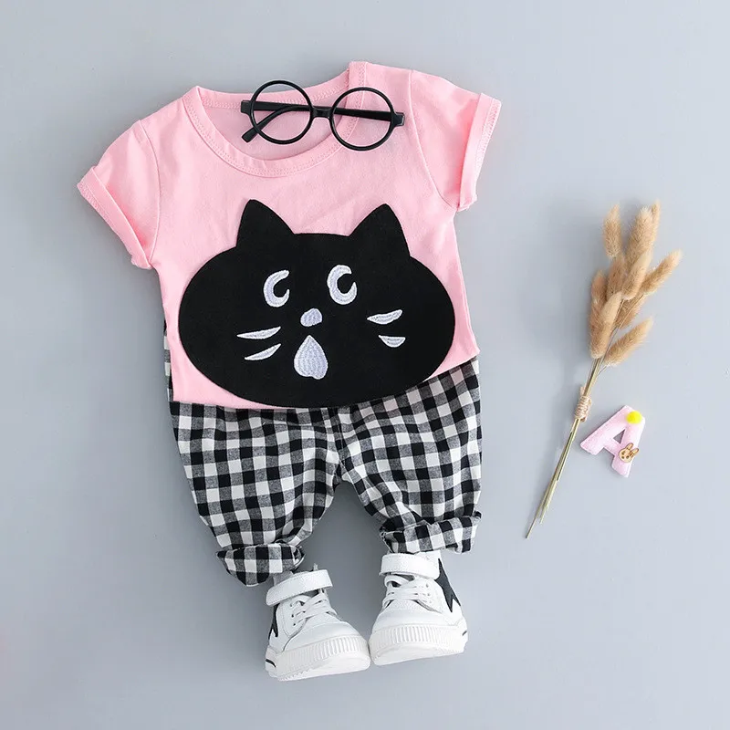 Alice otroci oblačila tiskanje lepe risanke mačka t-shirt + kariran hlače 2PCS set za 1-4 yrs star dojenček fant dekleta