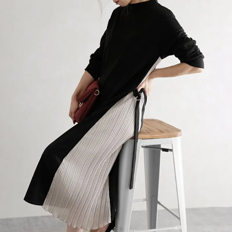Shirt Obleko 2019 Jeseni Ženske Korejski Ponaredek Dva Kosa Pleteno Obleko Z Dolgimi Rokavi Moda Mozaik Obleko Priložnostne Obleke Naguban