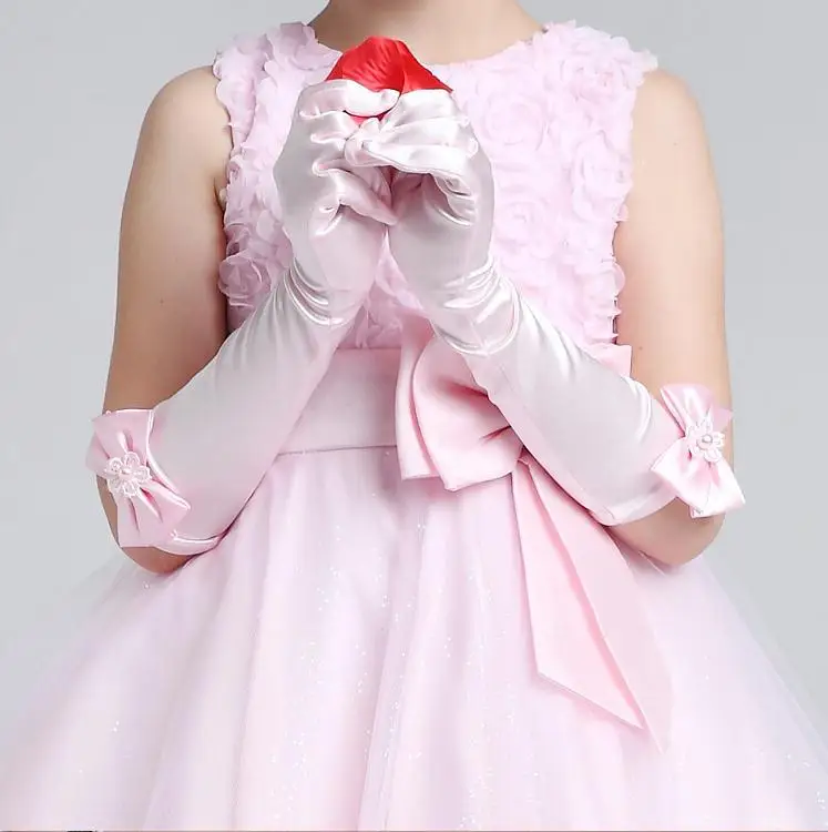 Dolgi lok - vezani otrok obleko, rokavice saten roza bela slavnostno rokavice dekle poročno obleko, rokavice
