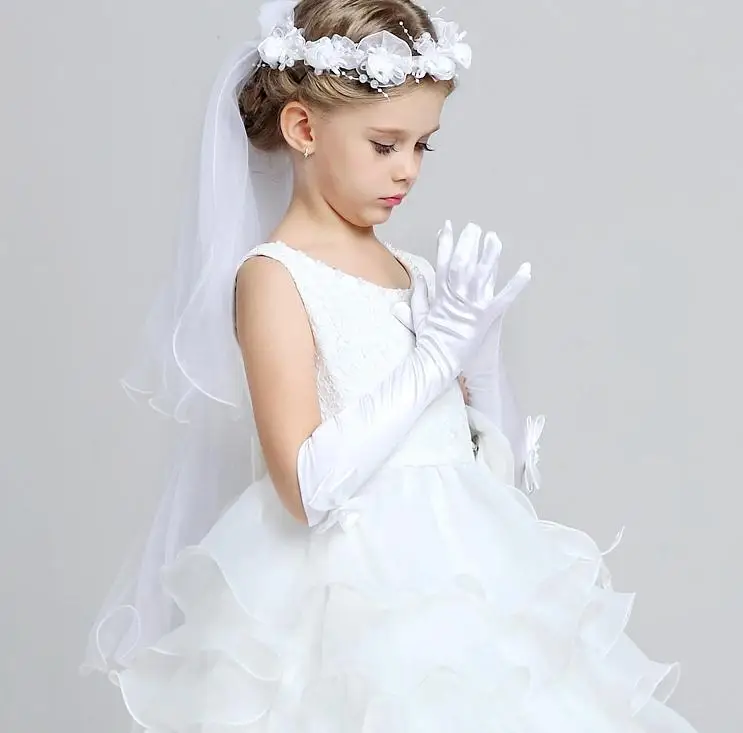 Dolgi lok - vezani otrok obleko, rokavice saten roza bela slavnostno rokavice dekle poročno obleko, rokavice