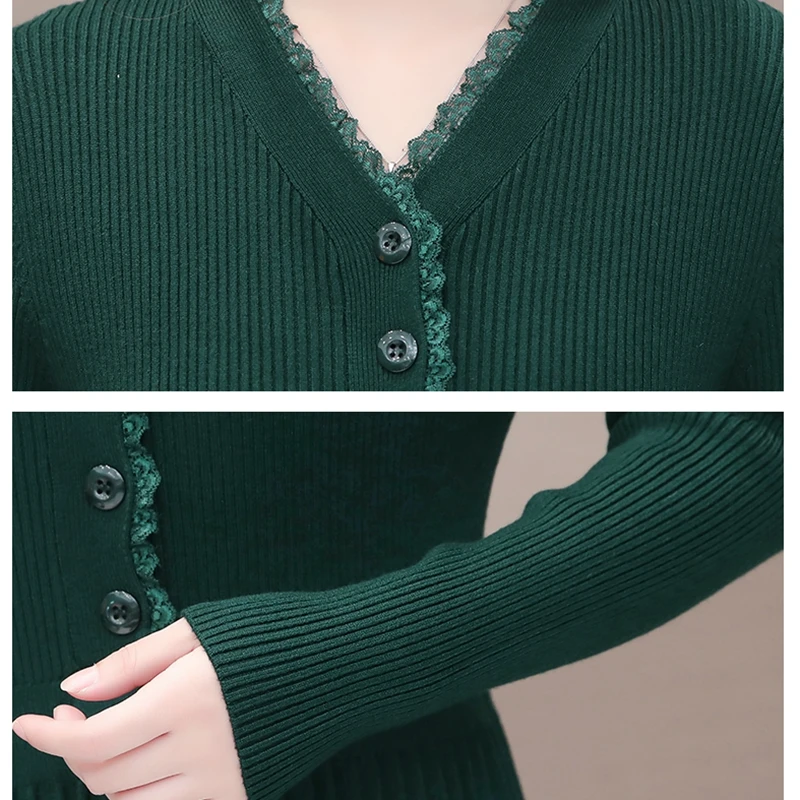 Letnik jeseni, pozimi plesti pulover obleko ženske priložnostne dolgo sleeved gumbi debel toplo nabrano obleko dame tanke čipke midi obleko