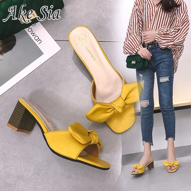2020 jeseni korejska različica open toe kvadratnih lok čevlji ženske čevlje z visokimi petami copati ženske sandale poletje hing pete mujer