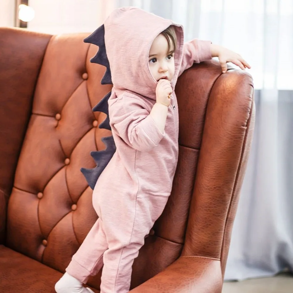 Perilo Baby Boy Girl 3D Dinozaver igralne obleke Novorojenčka Hooded Jumpsuit Obleke za Dojenčke Kopalke Dolgimi Rokavi Otroške igralne obleke sivo roza barve