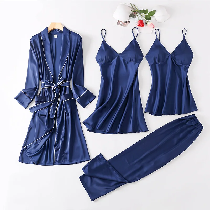 2021 Nove Ženske Pižame Priložnostne Saten 4PCS Haljo Nastavite Sleepwear Seksi Intimno Perilo Kimono kopalni plašč Obleke Čipke More