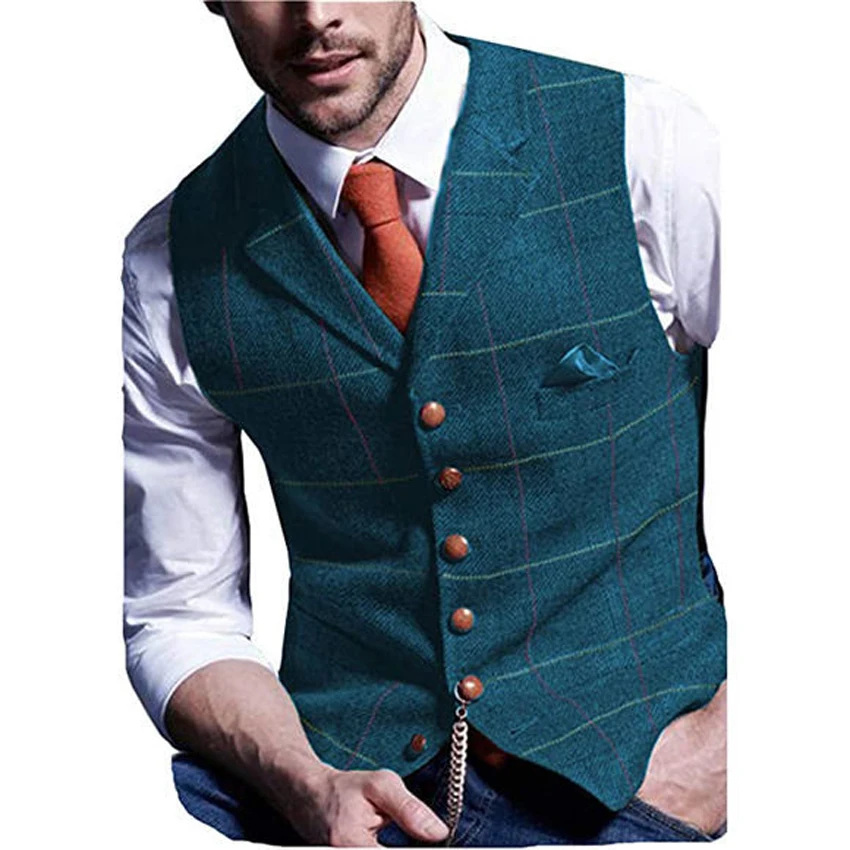 Klasična Zelena Mens Telovnik Tweed Waistcoat Zarezo River Volne Kost Vintage Obleko Waicoat Zarezo Ovratnikom Telovnik