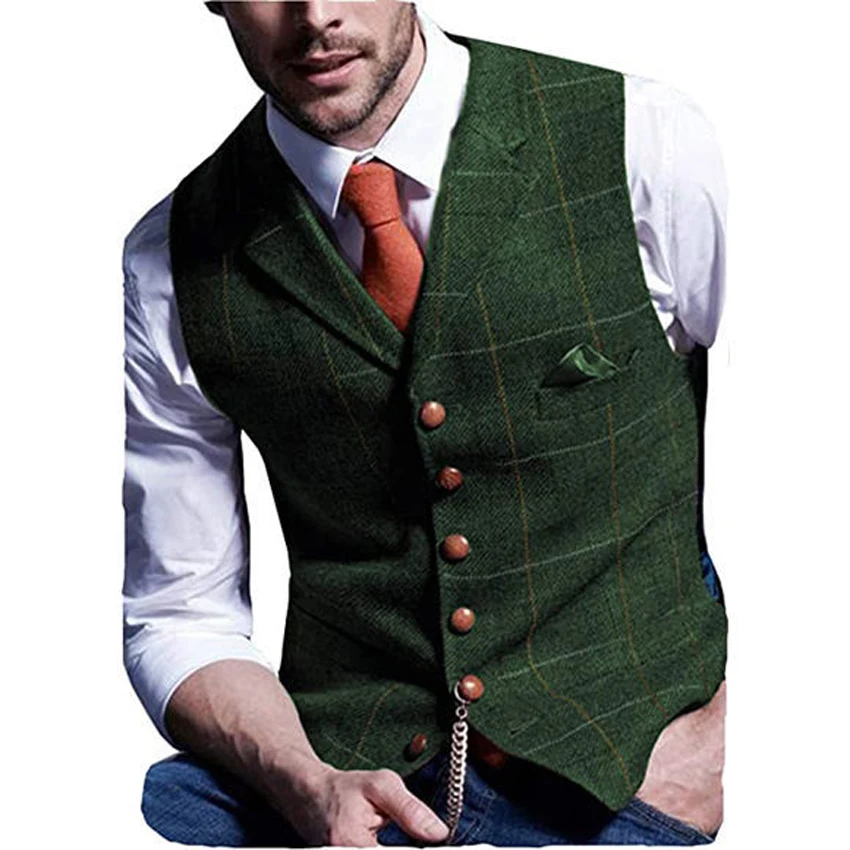 Klasična Zelena Mens Telovnik Tweed Waistcoat Zarezo River Volne Kost Vintage Obleko Waicoat Zarezo Ovratnikom Telovnik