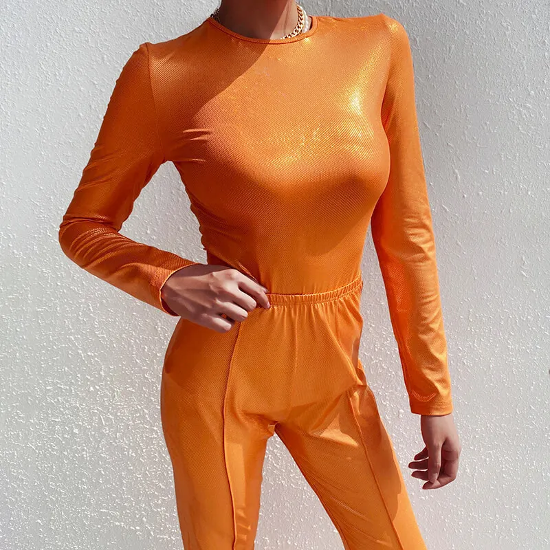 Kricesseen Priložnostne Kylie Jenner je Kovinski Holografski Dveh Kosov Hlače Nastavite Žensk O Vratu Vrh Dolge Hlače, Obleke, 2 Kosa Obleke
