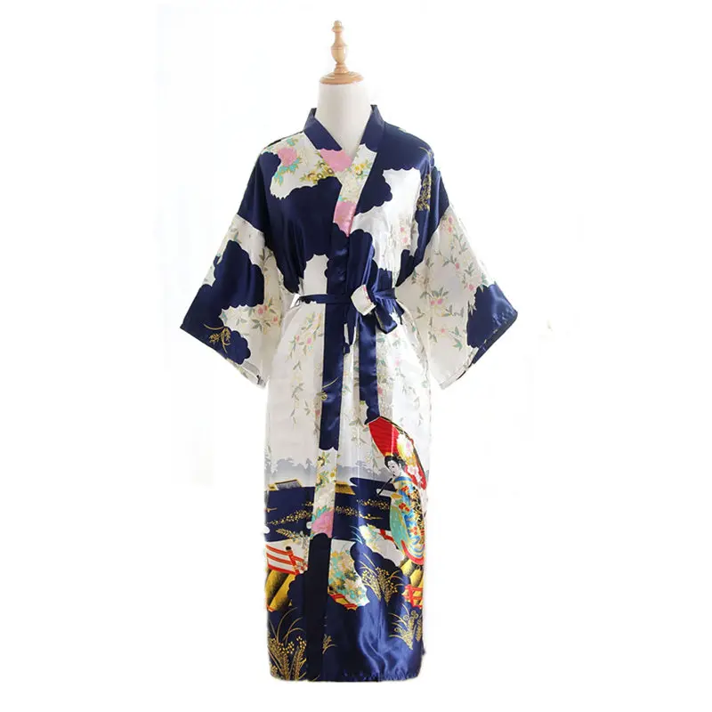 Vintage Print Kitajskih Žensk Saten Haljo Jutranje Kopalne Obleke Seksi Kimono kopalni plašč More Dolgo Priložnostne Sleepwear Ena Velikost HD10