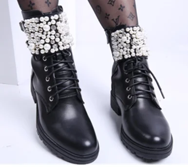 [GOGD] Zimske Ženske Noge Ravno Zadrgo Gleženj Čevlji Pearl Krog Toe z Dekoracijo
