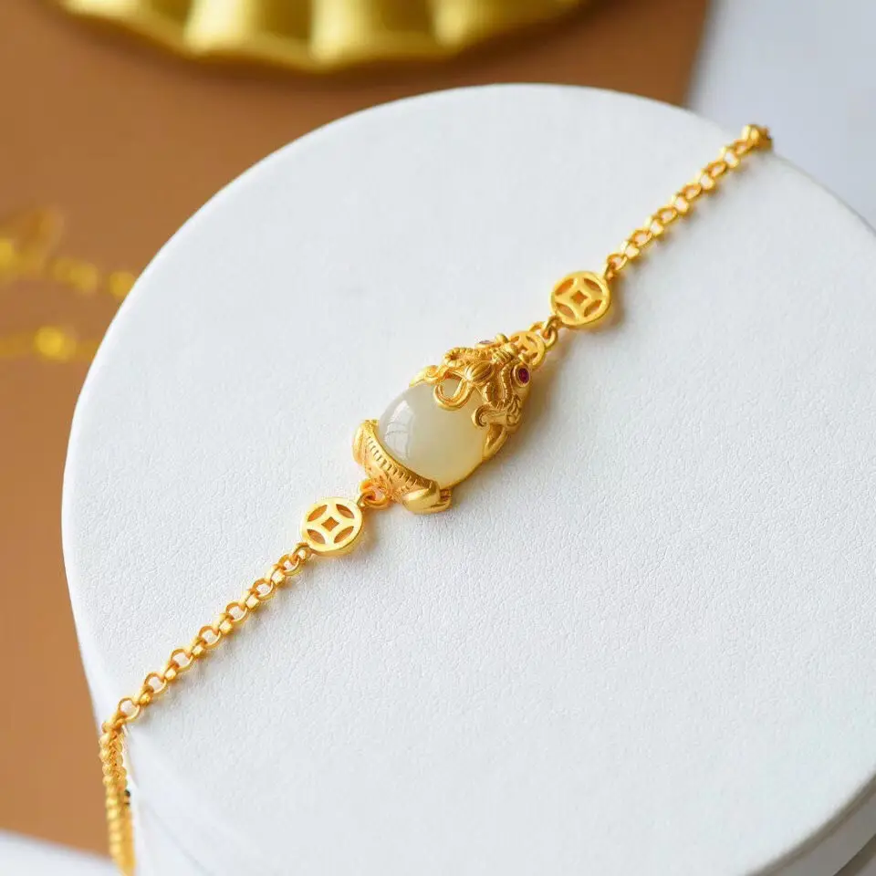 Novo vdelan naravnih Hetian Chalcedony pogumen zapestnica Kitajski retro obrti zlato nesramna pretirane ženske blagovne znamke nakit