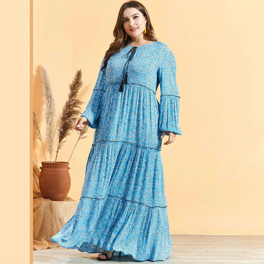 Siskakia Plus velikost Ženske obleke floral Print Multi-layer Naguban luč dolg rokav Priložnostne Maxi Obleke Poletje 2020 Etnične Modra