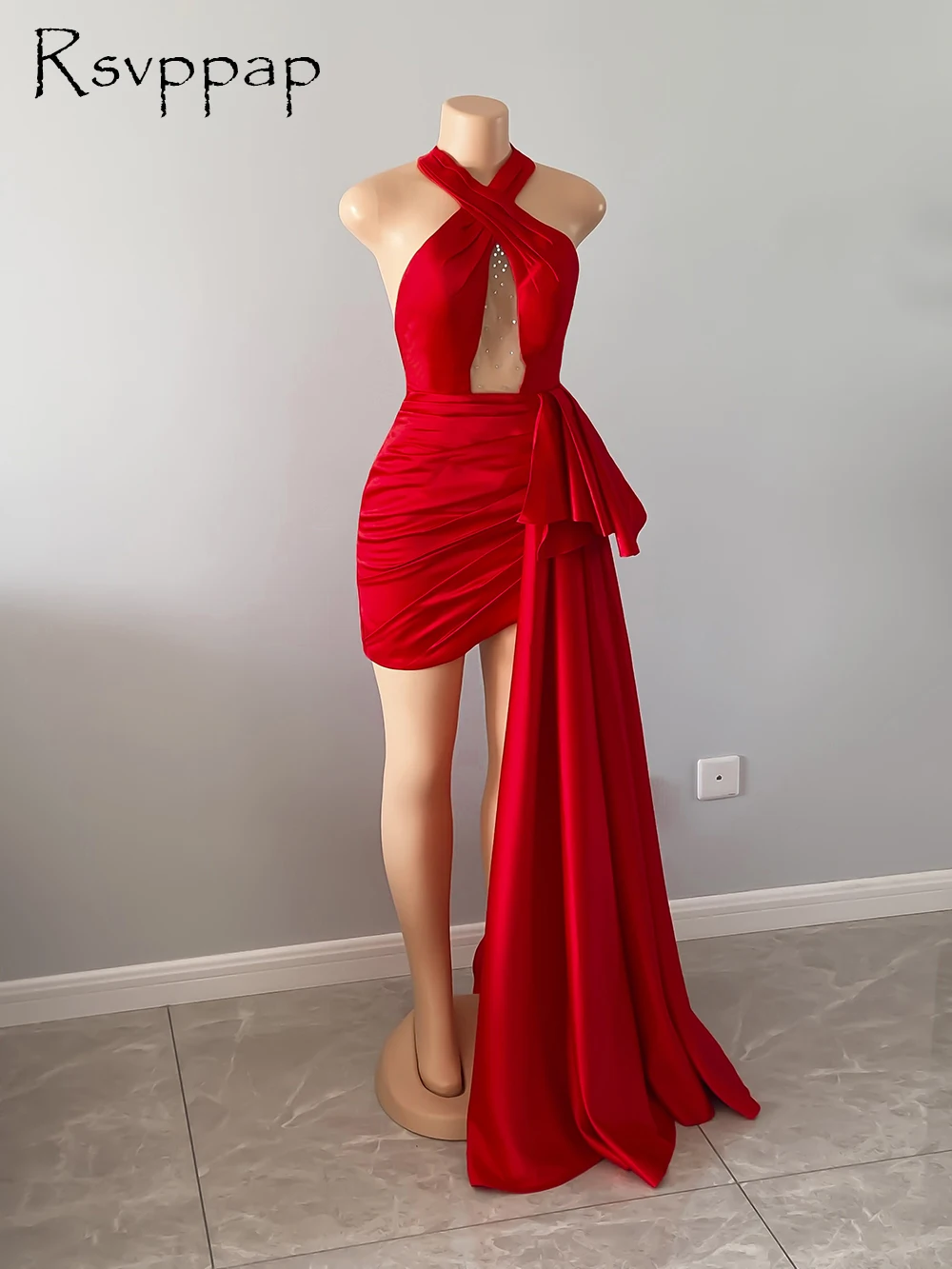 Dolgo Enostaven Rdeč Satenast Večerno Obleko 2021 Povodcem Asimetrični Seksi Afriških Žensk Pravi Formalno Oblek