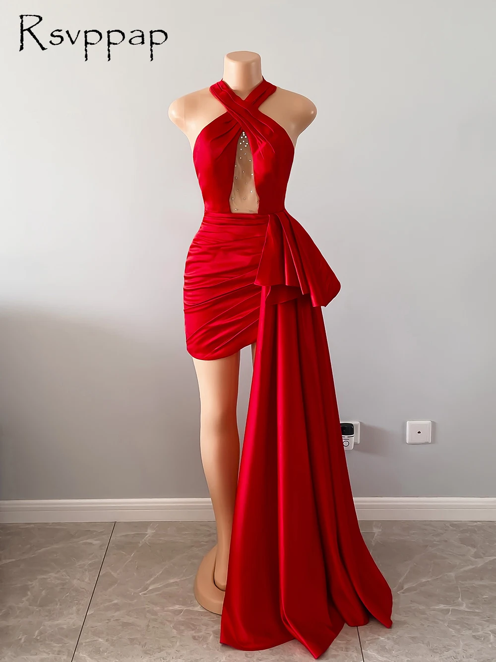 Dolgo Enostaven Rdeč Satenast Večerno Obleko 2021 Povodcem Asimetrični Seksi Afriških Žensk Pravi Formalno Oblek