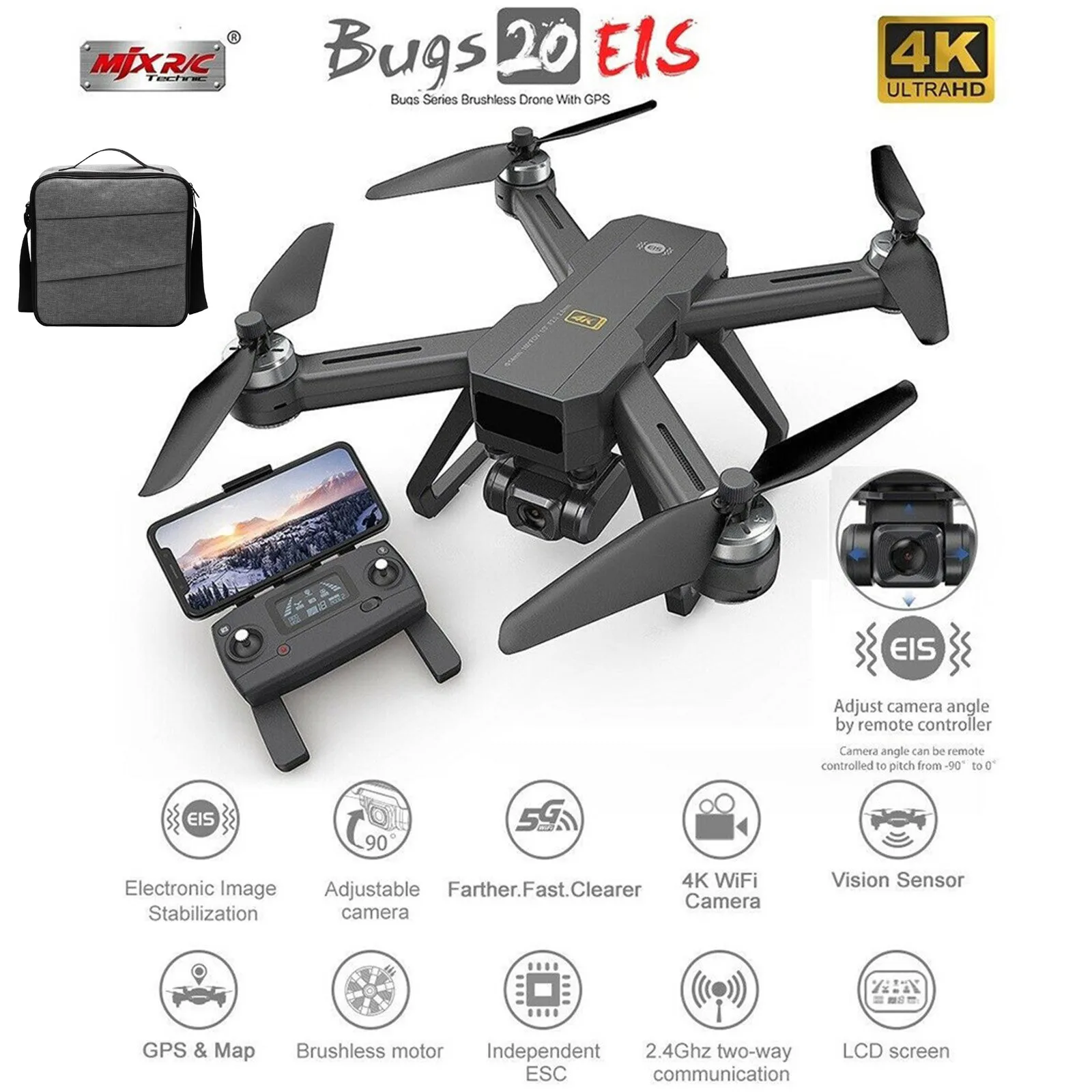 MJX Bugs 20 / B20 EIS GPS Brushless RC True w/ 4K 5G FPV HD Kamera Quadcopter z Vrečko 2020 visoko vzdržljivost štiri osi UAV