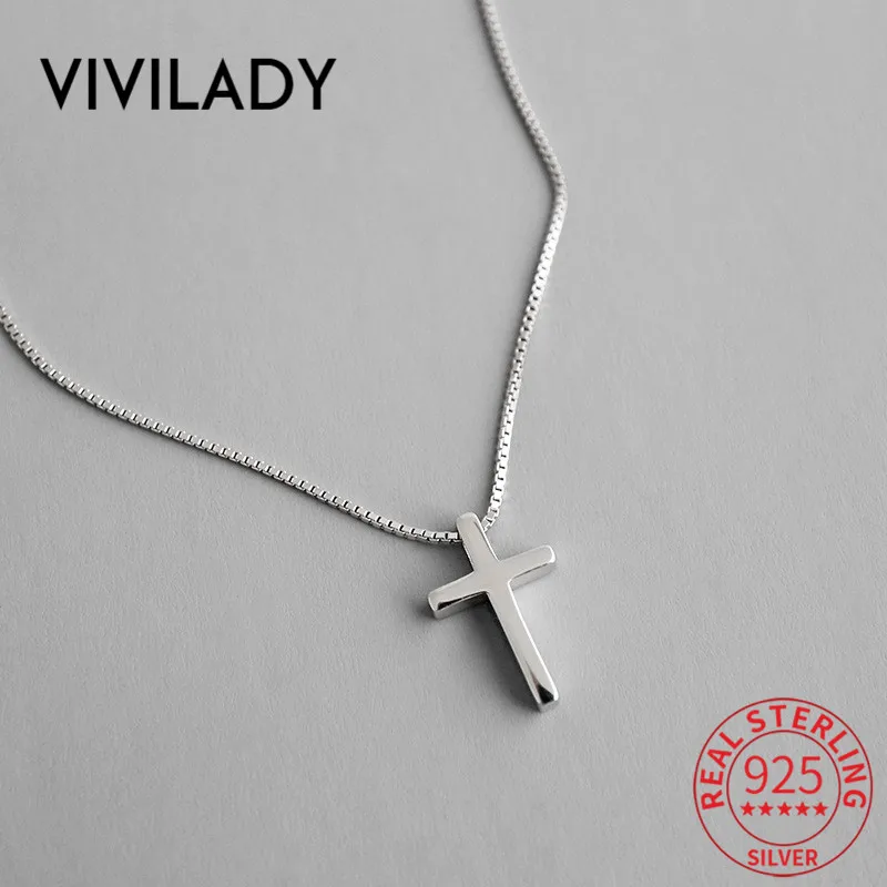 VIVILADY Minimalističen Slog Verodostojno 925 Sterling Silver Cross Visijo Ženske, Ogrlico, Obesek, Elegantna Polje Verige Za Ženski Nakit