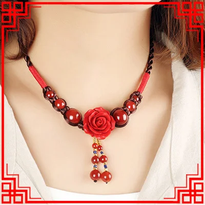 Debelo kamen Nakit za Ženske, etnične rose vklesan lacquerware ogrlico,Nova moda Ročno pleteni letnik choker ogrlica