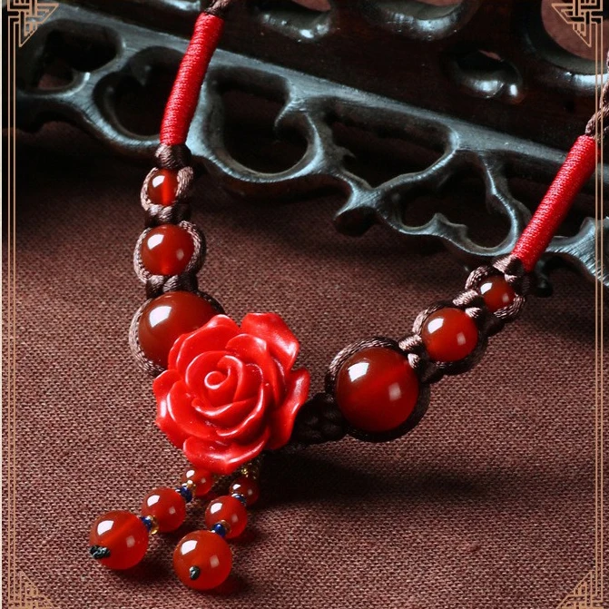 Debelo kamen Nakit za Ženske, etnične rose vklesan lacquerware ogrlico,Nova moda Ročno pleteni letnik choker ogrlica
