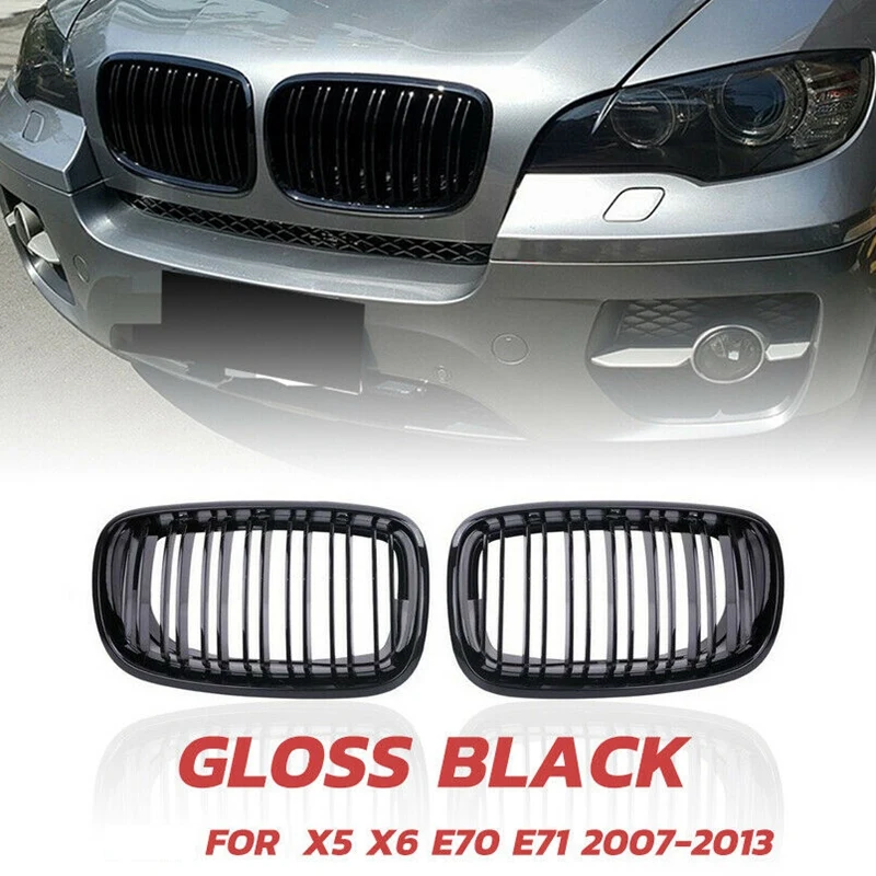 X5 X6 Žar, Spredaj Ledvic Dvojno Črto Rešetka za obdobje 2007-2013-BMW X5 E70 X6 E71 (ABS Gloss Black Žar, 2-Pc Set)