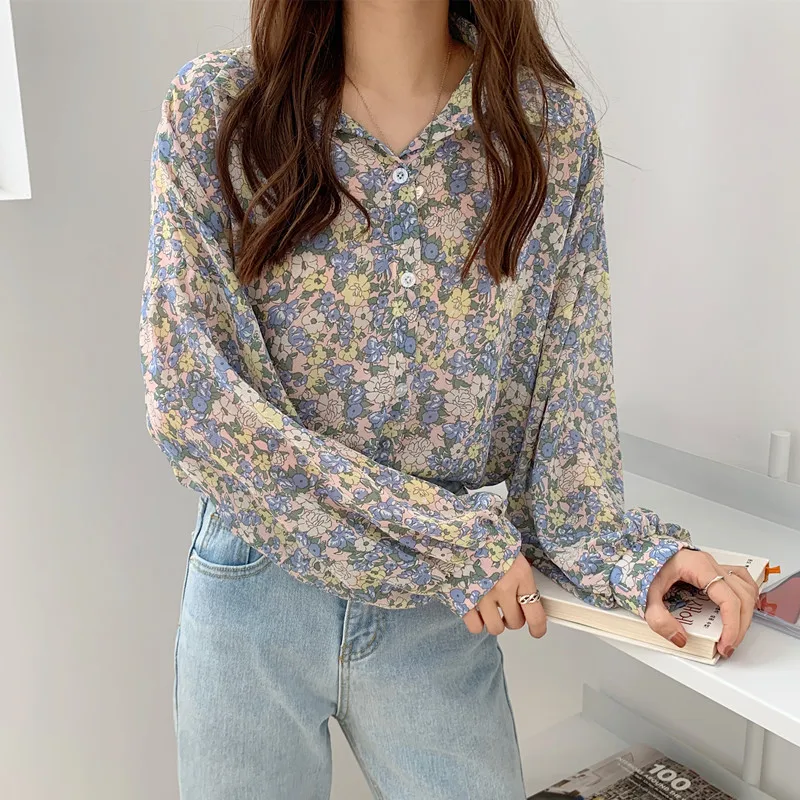 2021 Pomlad nove Priložnostne Šifon Ženske Bluzo z Dolgimi Rokavi Ženske Shirt Tiskanje Cvetlični korejski Vrhovi Blusas Jopico Lady Oblačila 10312